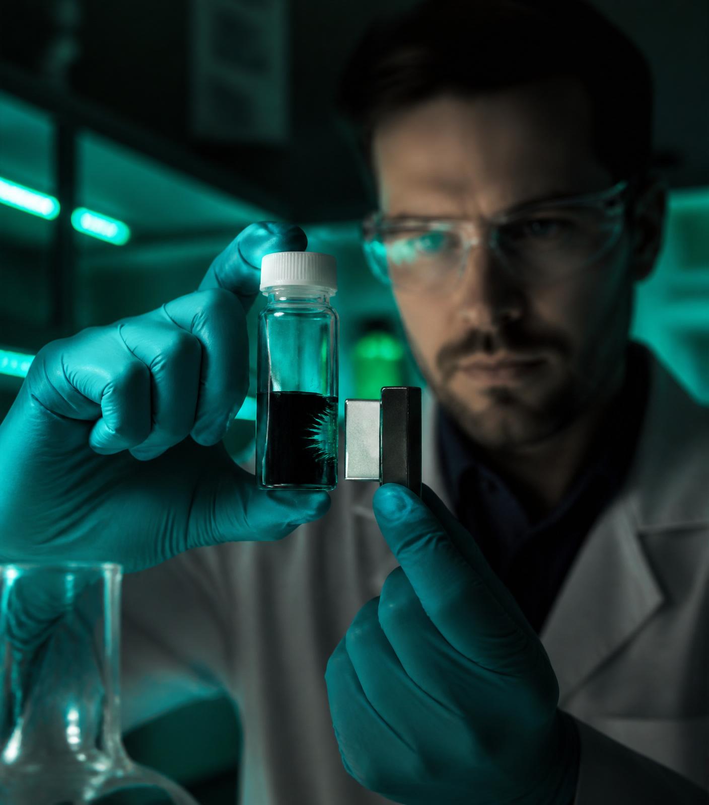 Pesquisador com nanopartículas magnéticas atraídas por imã